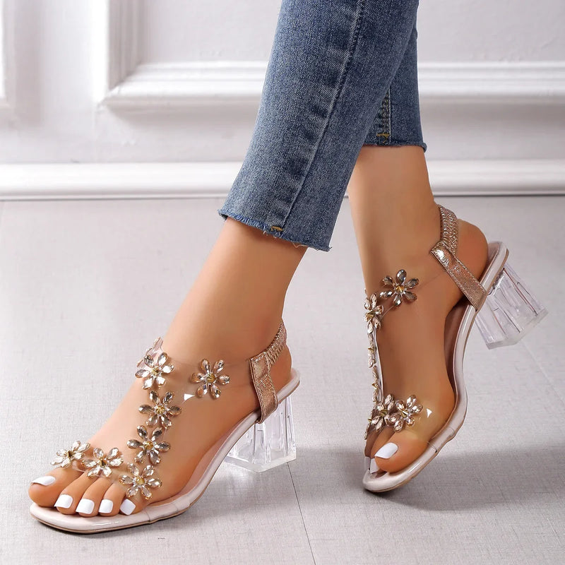 Women's Flower Rhinestone Block Heel Sandals