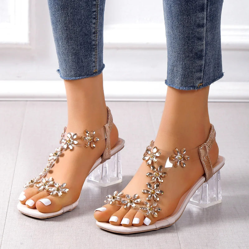 Women's Flower Rhinestone Block Heel Sandals