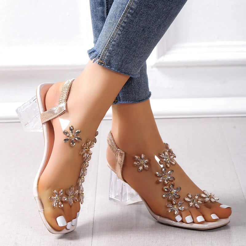 Women's Flower Rhinestone Block Heel Sandals