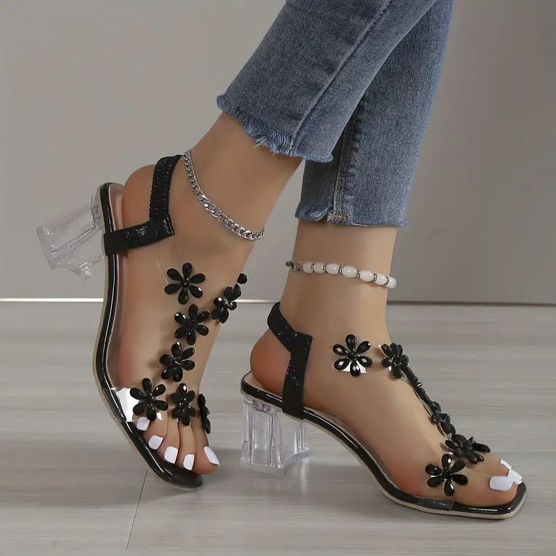 🔥Last Day Promotion 50% OFF - Women's Flower Rhinestone Block Heel Sandals