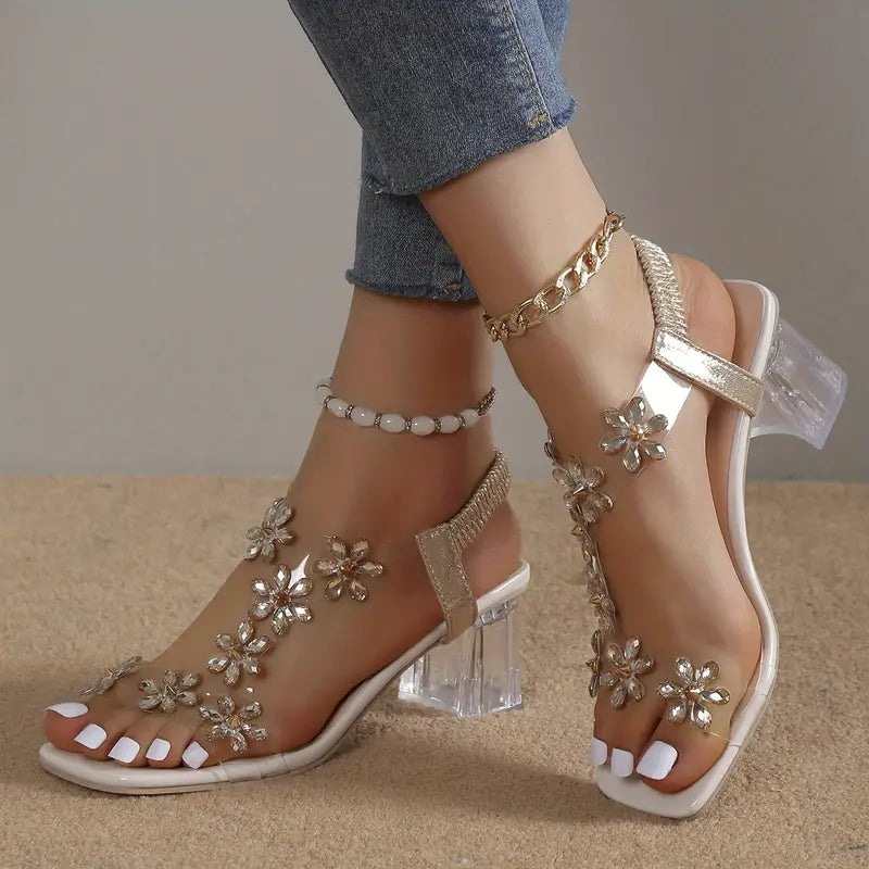 🔥Last Day Promotion 50% OFF - Women's Flower Rhinestone Block Heel Sandals